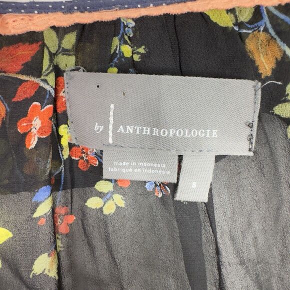 Anthropologie Jamison Tunic Top Small Black Floral Ruffle Semi Sheer Boho - Picture 6 of 12